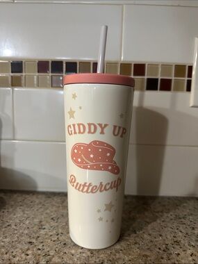 Giddy Up Buttercup Pink Travel Tumbler with Straw